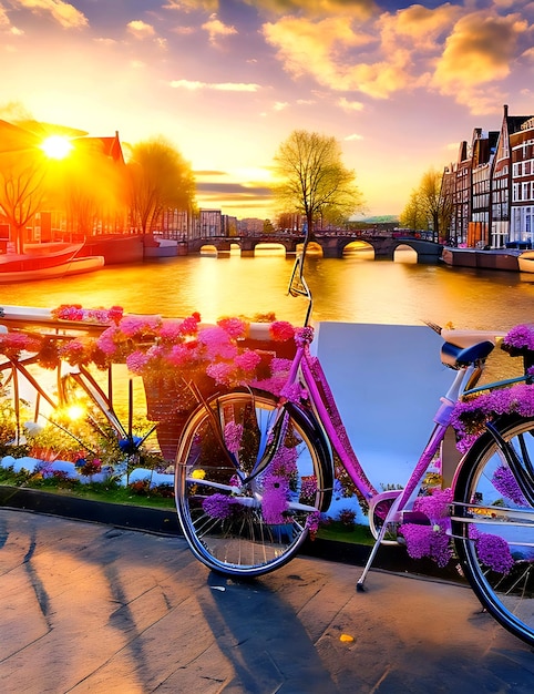 Photo beau lever de soleil avec des fleurs et des vélos sur le pont au printemps