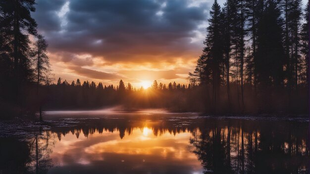 un beau lever de soleil avec un lac et des arbres au premier plan.