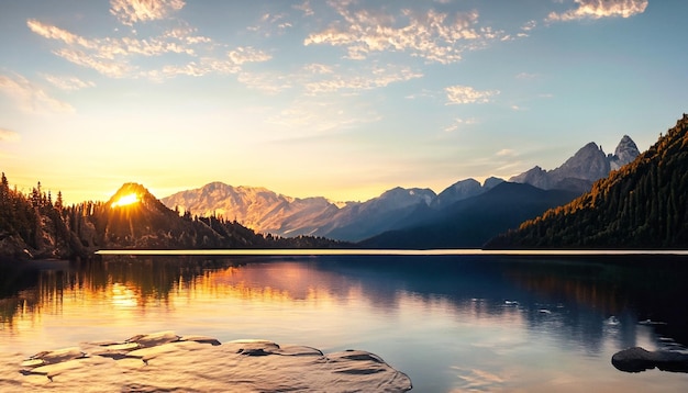 Un beau lever de soleil sur un lac de montagne dans les montagnes.