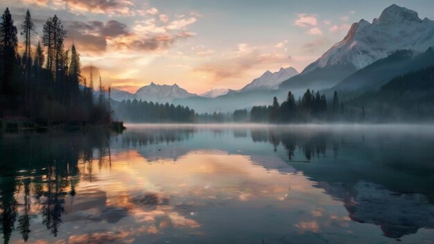 un beau lever de soleil sur un lac avec des montagnes et des arbres en arrière-plan