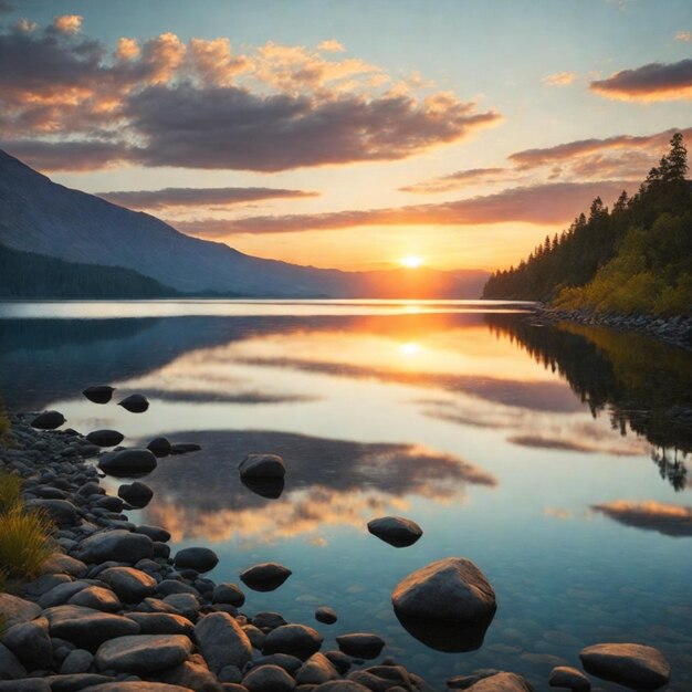 Beau lever de soleil sur le lac paysage d'été lac de montagne IA générative