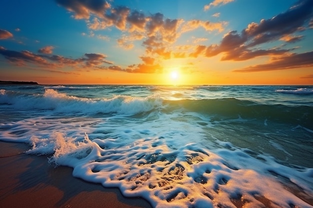 Photo beau lever de soleil sur la plage et la mer