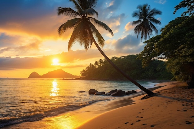 Beau lever de soleil sur la plage sous un ciel bleu