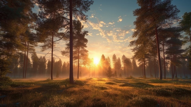 Beau lever de soleil avec le soleil qui brille à travers les arbres et le ciel bleu