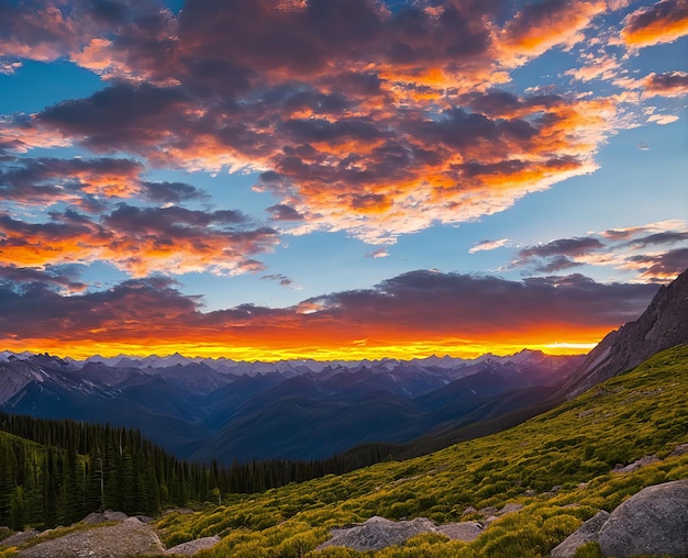 Beau lever de soleil sur la vallée de montagne beau coucher de soleil dans les montagnes