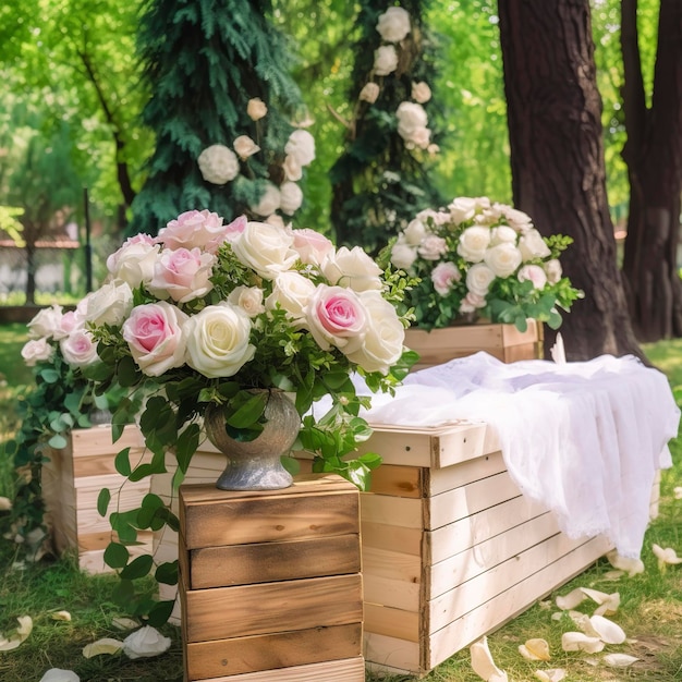 Beau lieu de fête romantique fait avec du bois carré et des roses florales décorations pour la cérémonie de mariage extérieure dans le parc vert générer ai