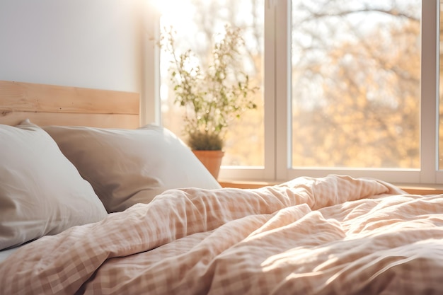 Un beau lit confortable le matin Un matin dans la chambre