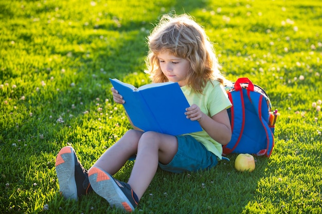 Beau livre enfant garçon sur fond d'herbe enfants lisant un livre dans le concept d'apprentissage du parc