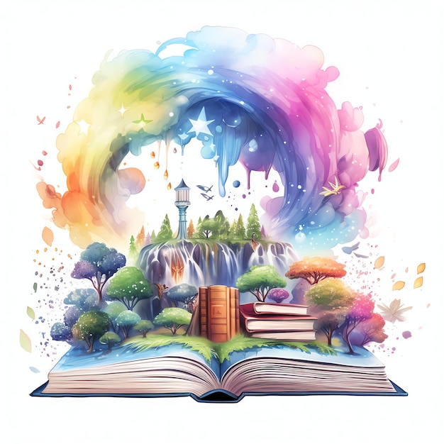 Beau livre ouvert avec une bulle de pensée d'un monde fantastique clipart à l'aquarelle