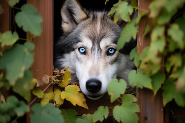 beau loup le chien domestique vu pousser sa tête à travers une lacune dans une clôture de jardin sur un public