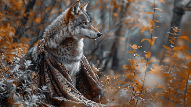 Un beau loup à la fourrure colorée est assis au milieu d'une forêt de arbres et de feuilles