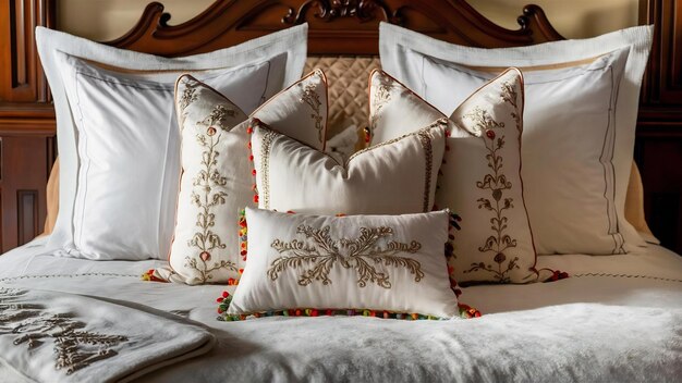 Beau luxe confortable oreiller blanc et couverture décoration intérieure de la chambre à coucher