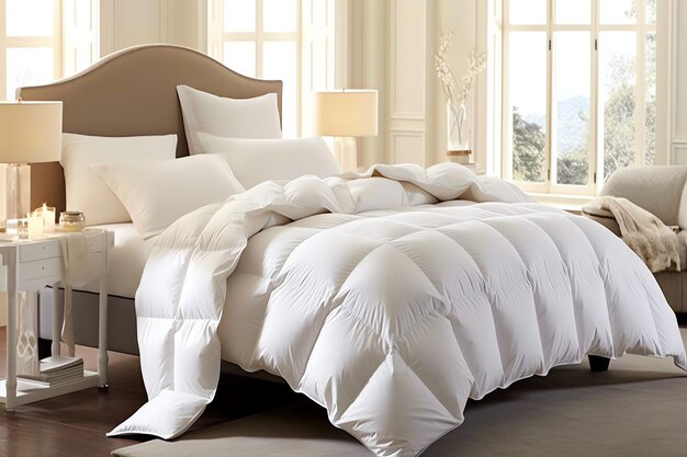 Beau luxe confortable oreiller blanc et couverture sur le lit décoration couvre-chaussée blanche de luxe