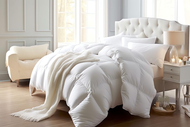 Beau luxe confortable oreiller blanc et couverture sur le lit décoration couvre-chaussée blanche de luxe