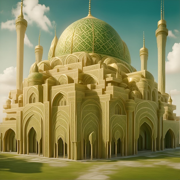 beau et luxueux bâtiment de mosquée couleurs dominantes vert et or généré par l'IA