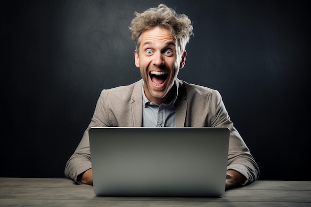 Beau mâle derrière un ordinateur portable à la maison concept heureux et surpris de réussite financière ou commerciale