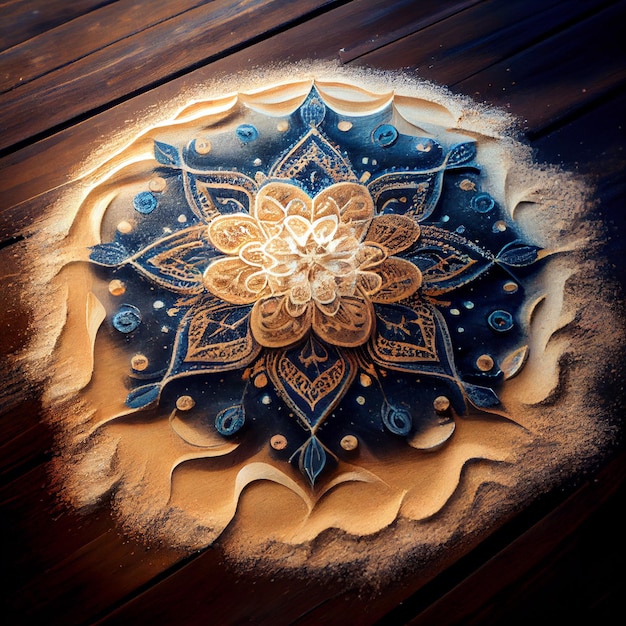 Beau mandala de sable sur un sol en bois