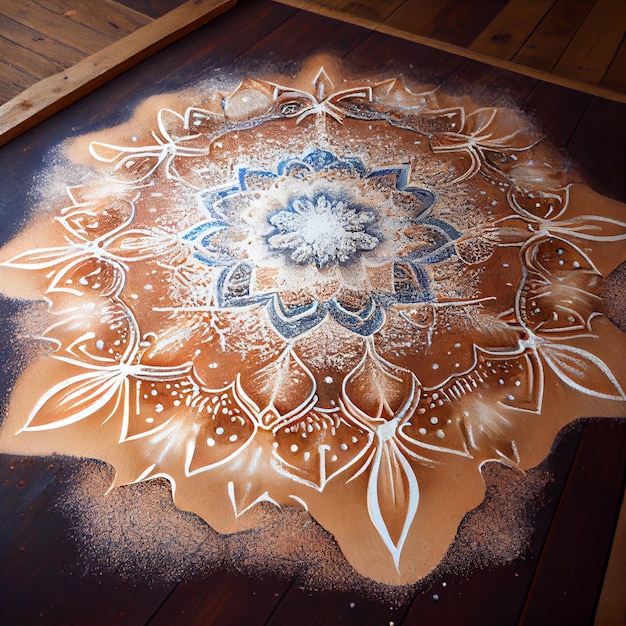 Beau mandala de sable sur un sol en bois