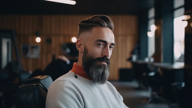 Photo un beau mannequin avec une barbe assis sur la chaise et parle au coiffeur barbier dans le salon de coiffure barbier obtient une nouvelle coupe de cheveux et le style