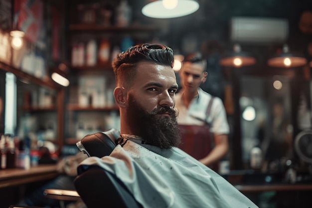 Un beau mannequin avec une barbe dans le coiffeur Ai génératif