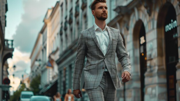 Un beau mannequin à carreaux qui marche dans la rue.