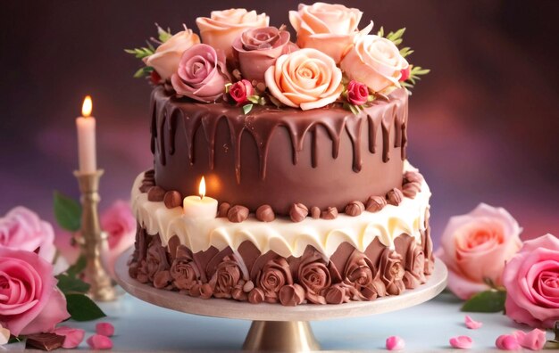 Beau mariage des jeunes mariés gâteau de mariage avec du chocolat et de la crème douce avec des bougies des roses glaçage B