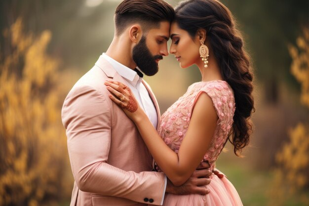 Le beau marié indien barbu embrasse la mariée en robe rose tendre debout à l'extérieur