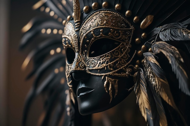 un beau masque de couleur noir et or avec de belles plumes, ai créatif