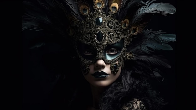 Beau masque vénitien avec des plumes sur fond noir ai générative