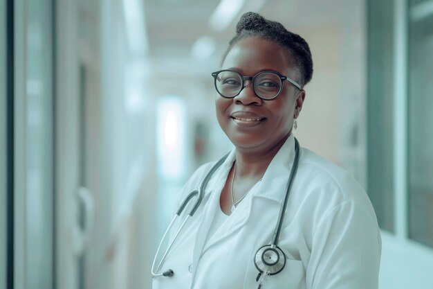 Un beau médecin africain d'âge moyen souriant et sympathique dans le couloir de l'hôpital en train de regarder la caméra.