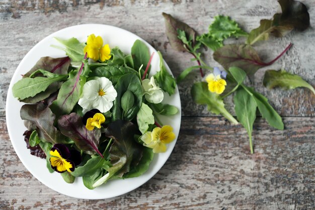 Beau mélange de salades avec des fleurs sur une plaque blanche. Concept de régime. Nutrition pour les filles. Nourriture végétalienne saine.