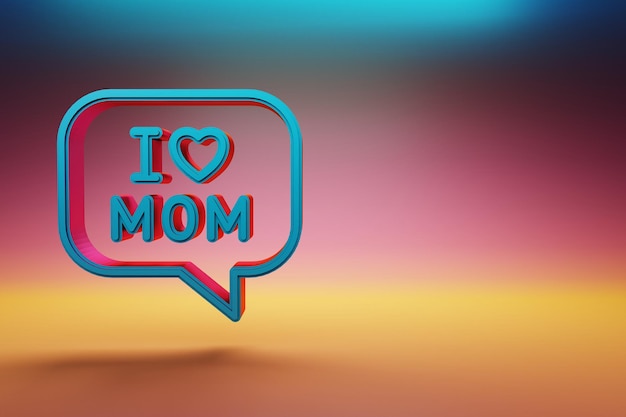 Beau message avec les mots j'aime maman et les icônes de cœur sur un fond lumineux multicolore rendu en 3D