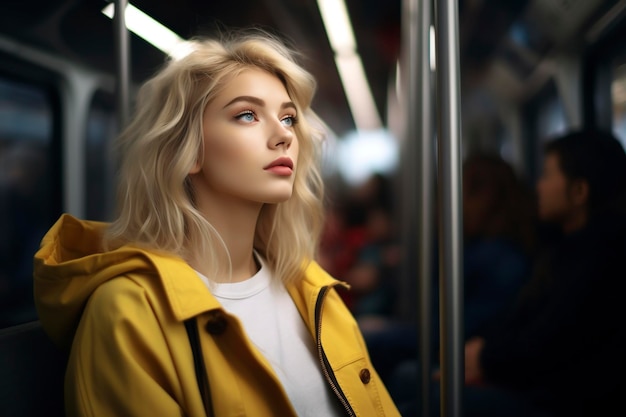 un beau modèle américain debout dans le métro