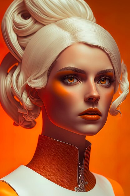 Beau modèle d'androïde polonais avec des cheveux d'albâtre faisant face à un fond orange vibrant à droite AIGenerated