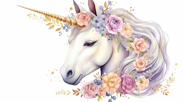 Beau modèle de carte de licorne avec couronne florale Generative AI