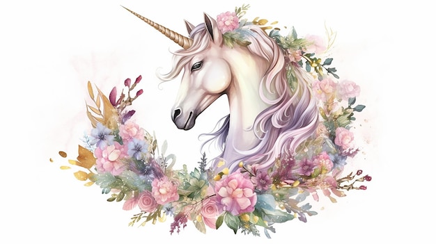 Beau modèle de carte de licorne avec couronne florale Generative AI