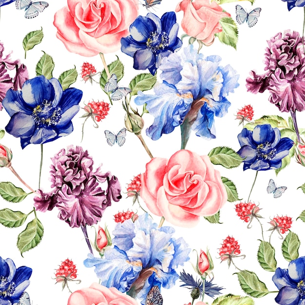 Beau modèle coloré d'aquarelle avec des roses et des framboises d'anémones d'iris de fleurs