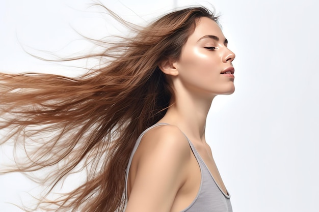 Beau modèle avec de longs cheveux volants lisses isolés sur fond de studio blanc foncé