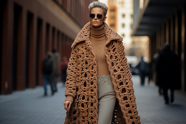 Beau modèle marchant à travers la ville dans un élégant et très long manteau tricoté dans des tons beige