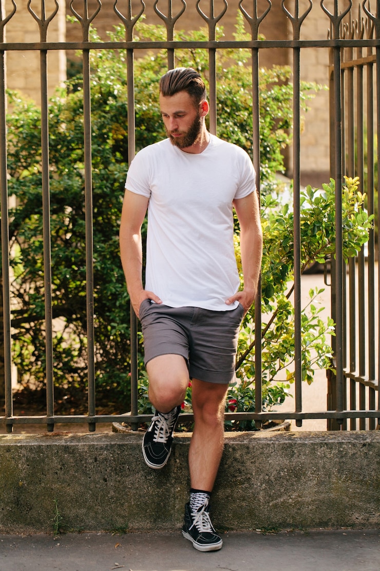 Photo beau modèle masculin hipster avec barbe portant un t-shirt blanc blanc avec un espace pour votre logo ou design dans un style urbain décontracté
