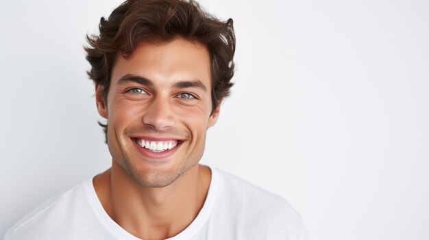 Beau modèle masculin homme souriant avec des dents parfaitement propres stock photo fond dentaire