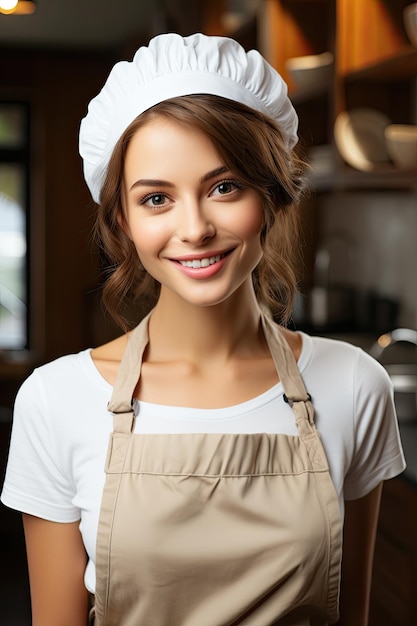 Beau modèle mignon de femme habillé en boulanger souriant