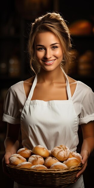 Beau modèle mignon de femme habillé en boulanger souriant