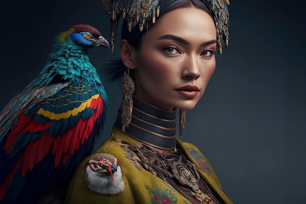 Beau modèle mongol avec un oiseau coloré