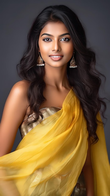 Un beau modèle de peau indienne fraîche et propre, des yeux en amande, un visage heureux et glamour