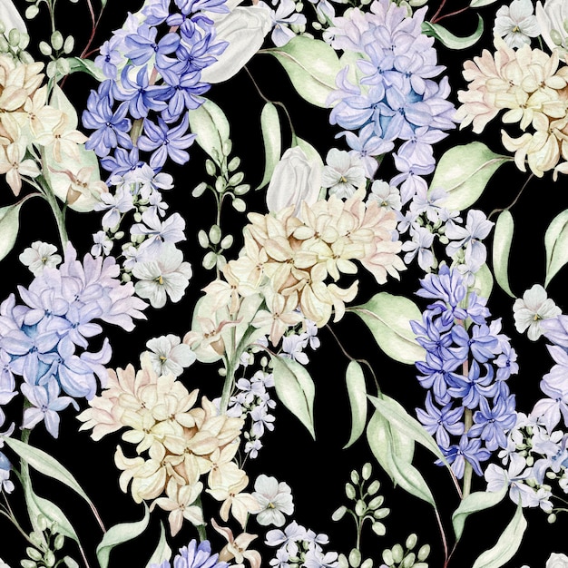 Beau modèle sans couture aquarelle avec différentes fleurs de tulipes jacinthe violet Illustration