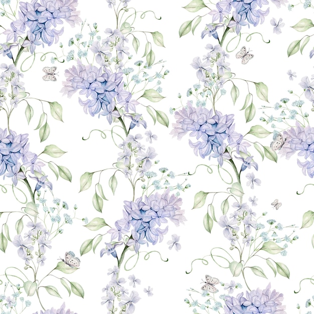 Beau modèle sans couture aquarelle avec différentes fleurs de tulipes jacinthe violet Illustration