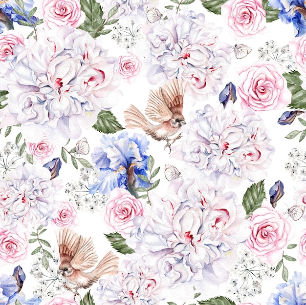 Beau modèle sans couture aquarelle avec des roses et des fleurs d'iris bidrs Illustration