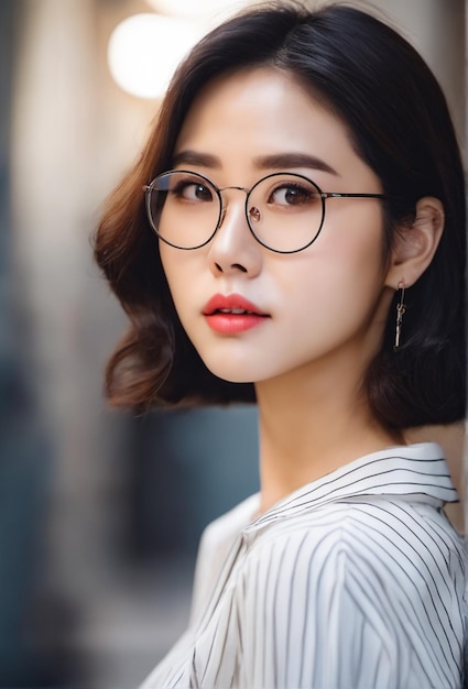 Beau modèle d'utilisation asiatique de lunettes et de lèvres rouges