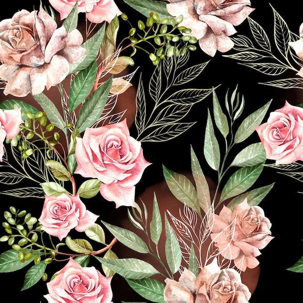 Beau motif aquarelle avec des fleurs roses et des feuilles d'eucalyptus. Illustration